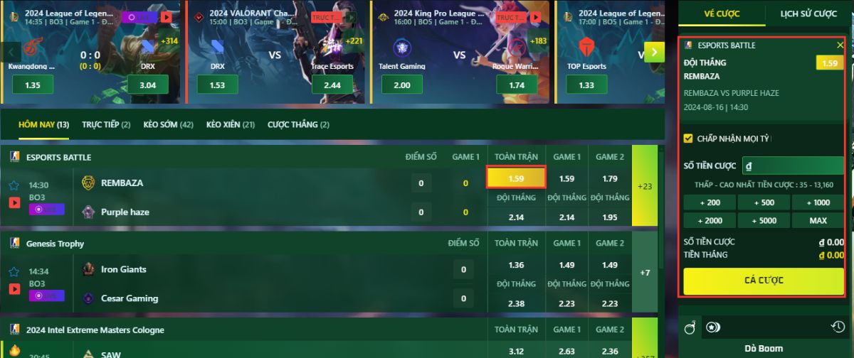 hướng dẫn quy trình chơi cá cược csgo tại fb88 đơn giản nhất 6 chọn kèo và tiến hành đặt cược fb88