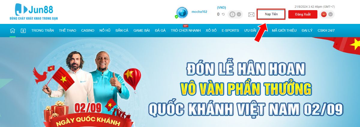 nạp tiền jun88 - cách nạp tiền vào tài khoản nhanh chóng 14 chọn nút nạp tiền ở trang chủ của nhà cái jun88