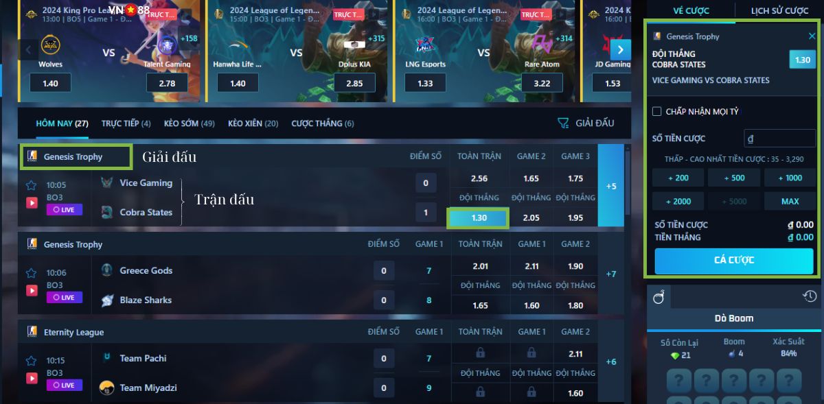hướng dẫn cá độ esport vn88 thật đơn giản với 3 bước 6 chọn trận đấu esport và tiến hành đặt cược