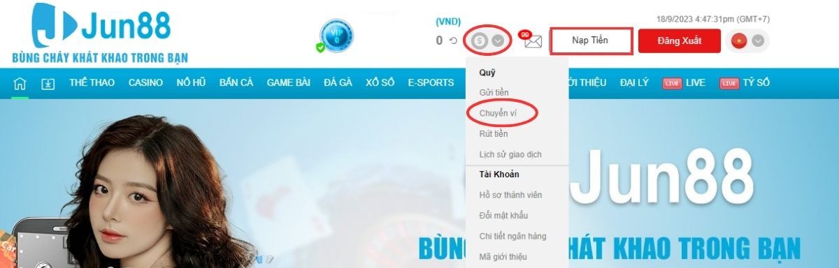 hướng dẫn chuyển quỹ jun88 chi tiết từ a - z cho newbie 1 truy cập vào trang chuyển quỹ jun88