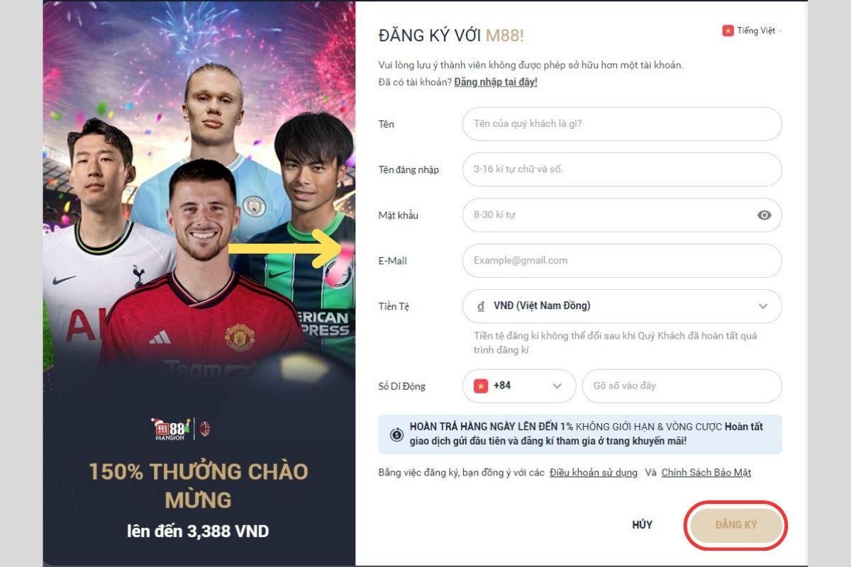 đăng ký m88 - hướng dẫn quy trình mở tài khoản trong 2 phút 2 nhập thông tin đăng ký m88