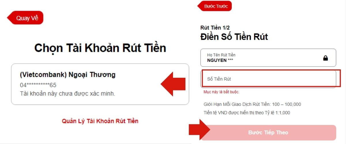 nhập số tiền mà bạn muốn rút