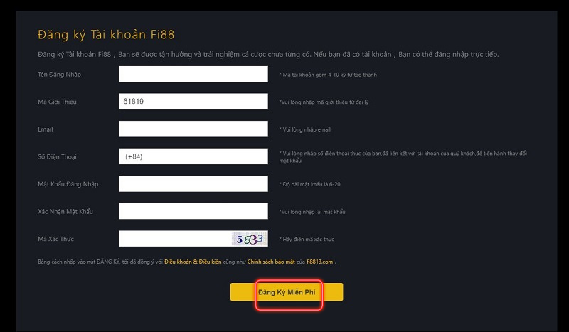 điền thông tin đăng ký fi88