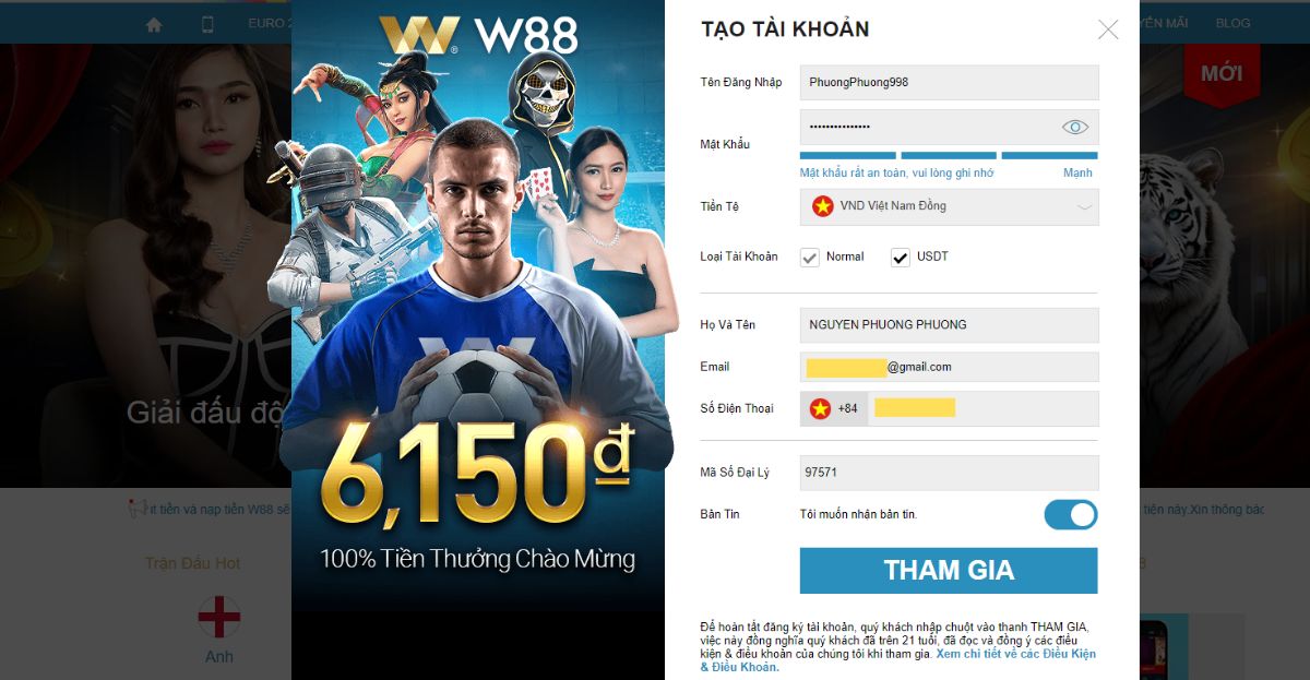 hướng dẫn đăng ký w88 nhận thưởng miễn phí 2 điền đầy đủ thông tin đăng ký w88