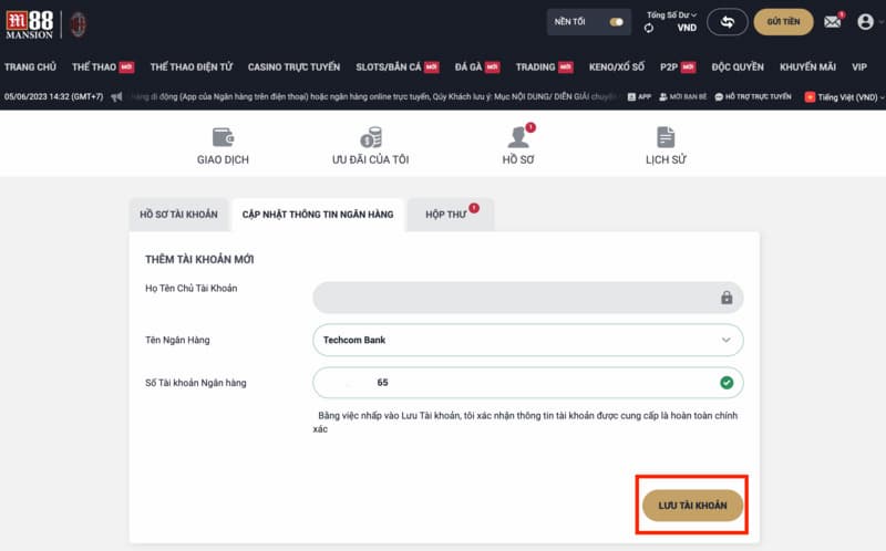 hướng dẫn rút tiền m88 an toàn nhất, đảm bảo thành công 100% 2 nhập thông tin tài khoản ngân hàng